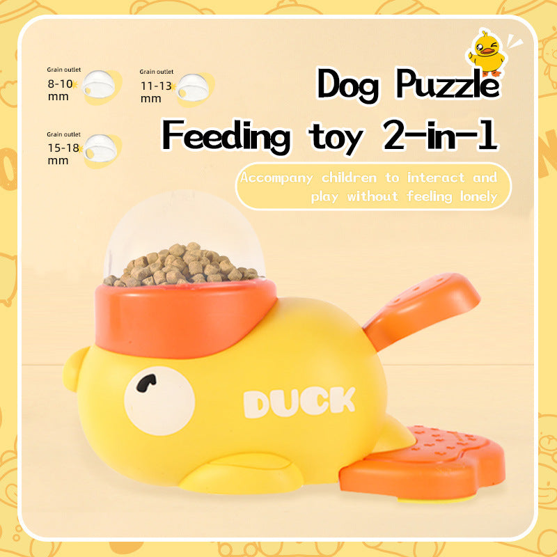 Dog puzzle feeding toy 2-in-1 with a yellow duck design on a beige background