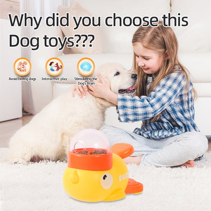 Girl playing with a dog and a yellow and orange dog toy on a carpeted floor.