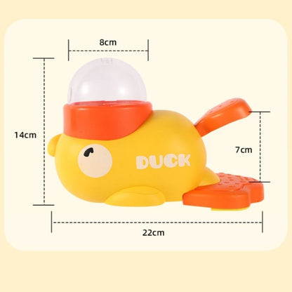 Yellow duck toy with dimensions on a beige background