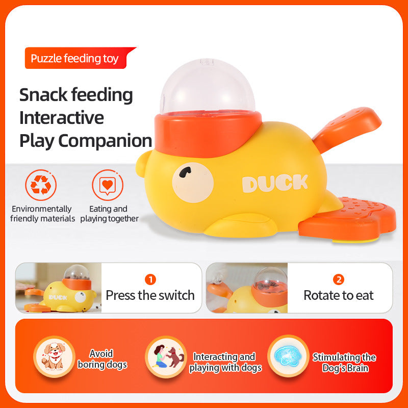 Yellow duck-shaped puzzle feeding toy with text and icons on a white background