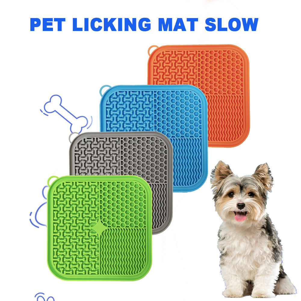 Dog Licking Mat Slow Feeder in various colors with a dog sitting next to them on a white background.