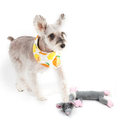 Dog happily playing with the gray mouse plush toy, designed for bite resistance and interactive fun, perfect for engaging playtime.