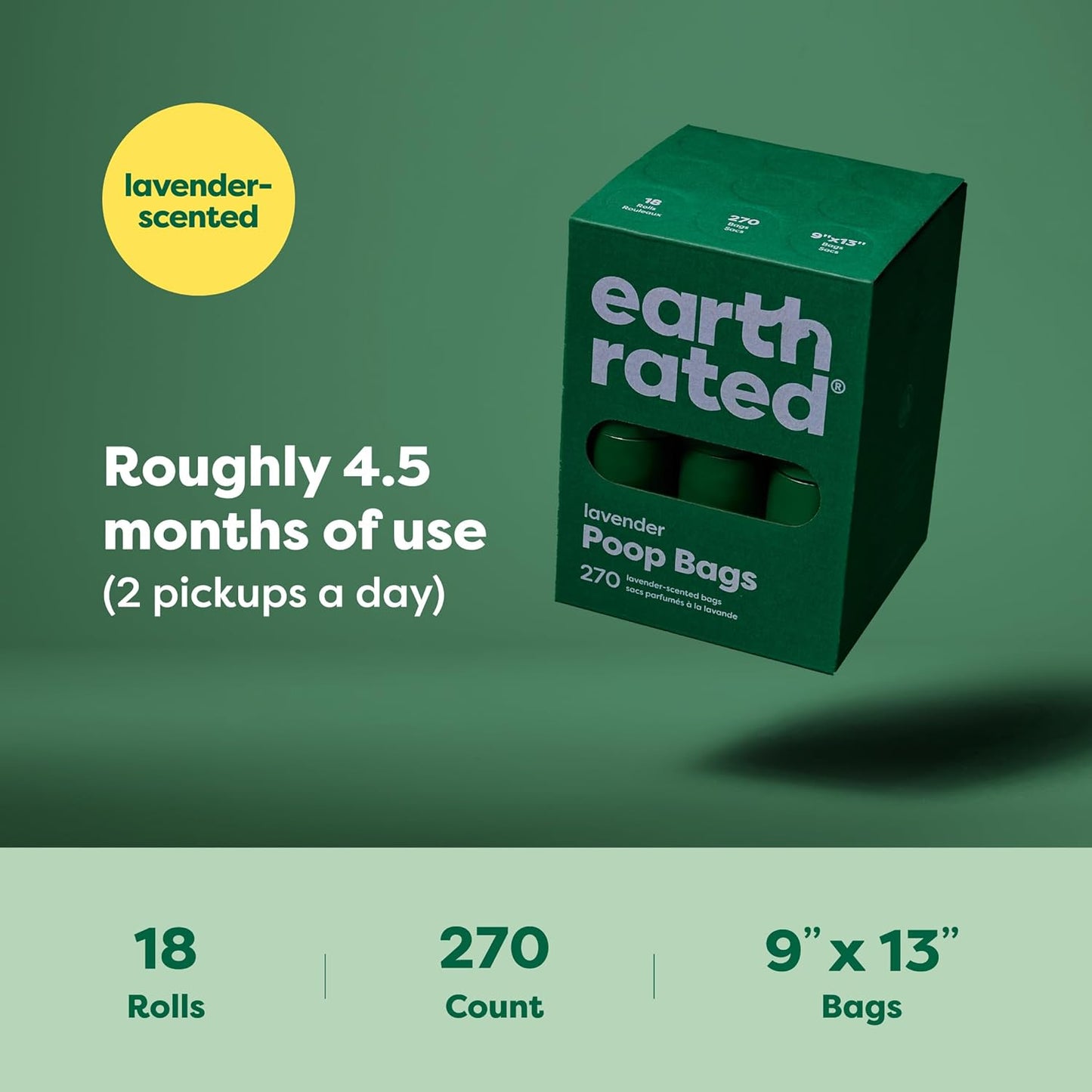 Earth Rated poop bag packaging with product details on a green background
