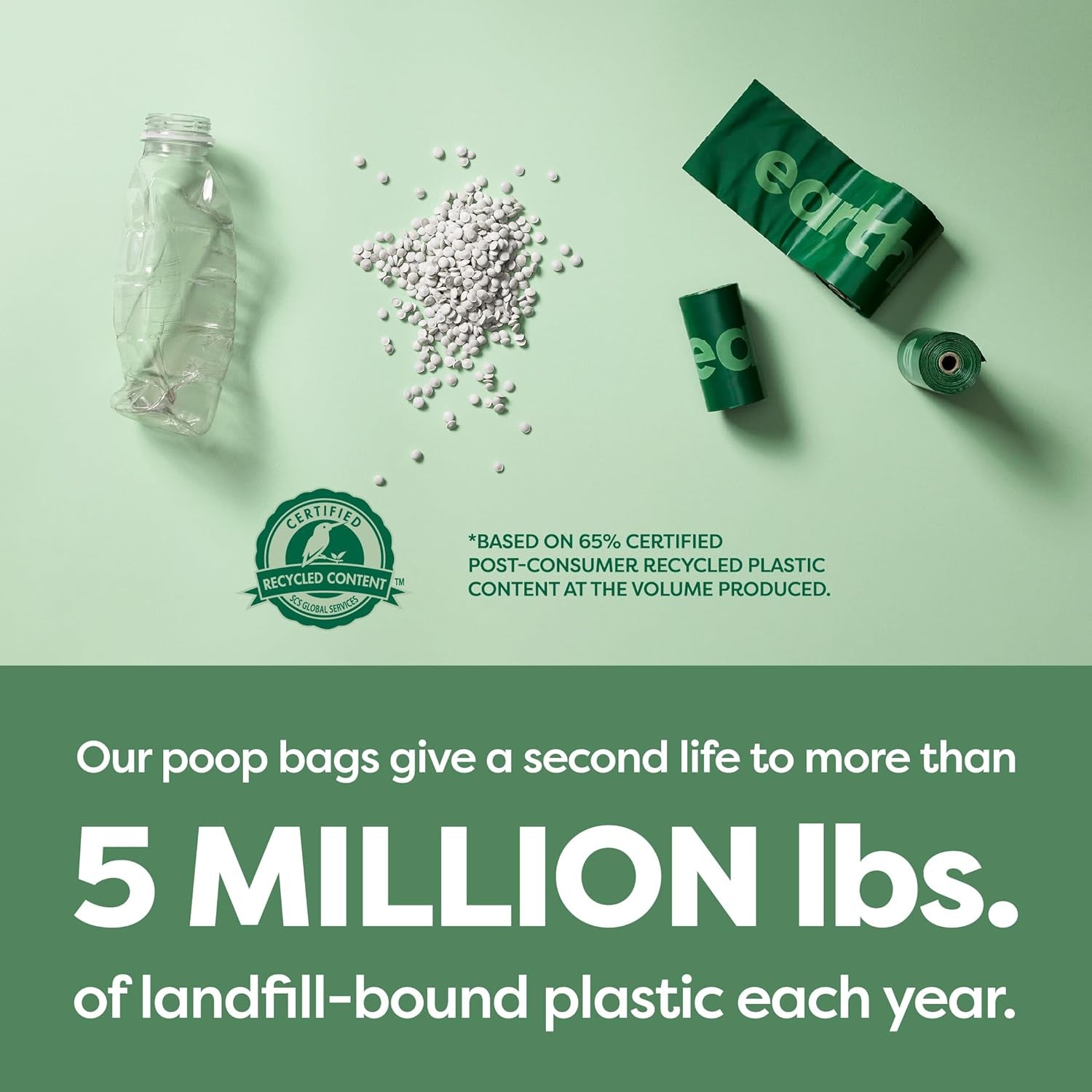 Green packaging with recycled content label and text about plastic reduction on a green background