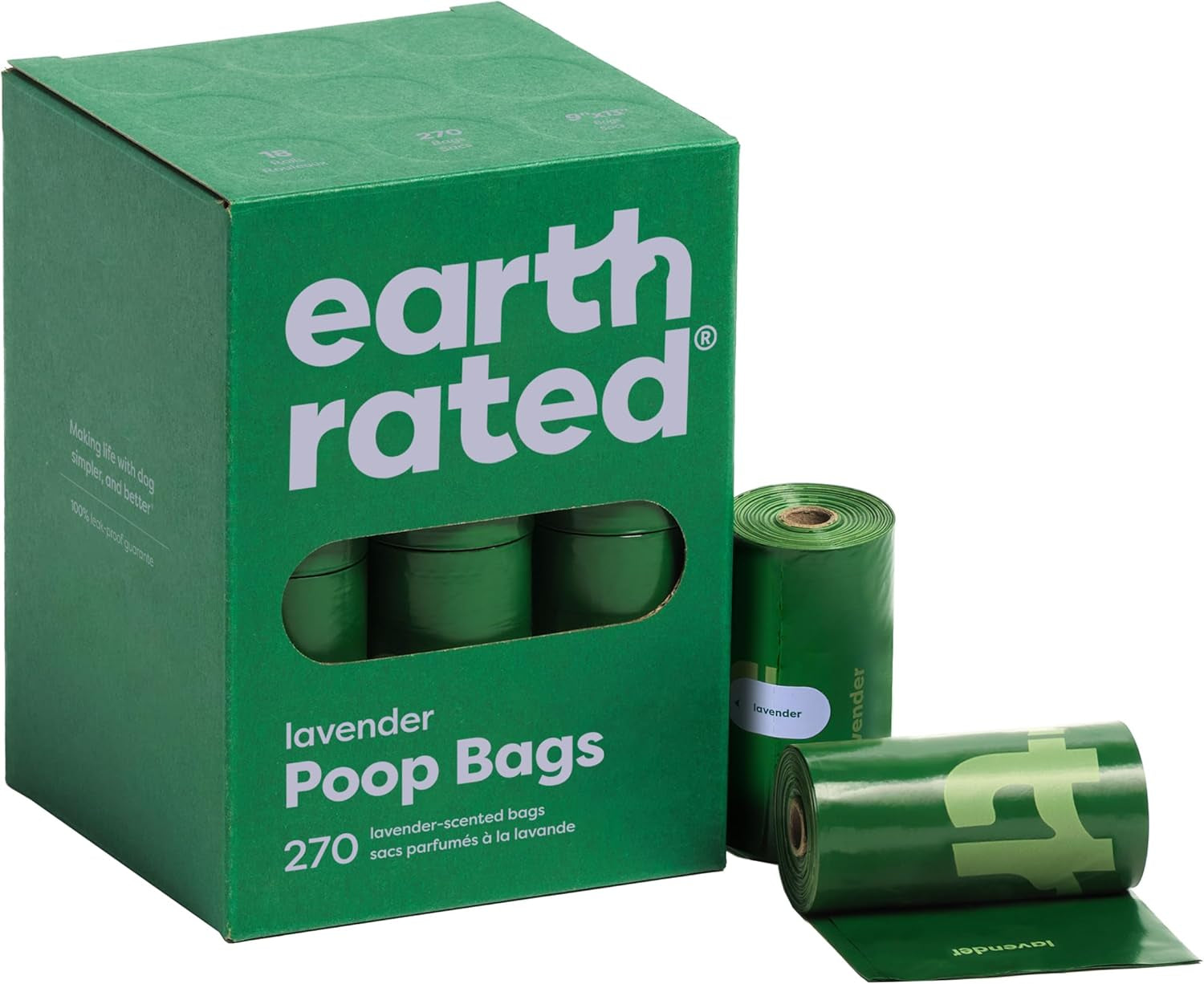 Green box of earth rated lavender poop bags with a roll on a white background
