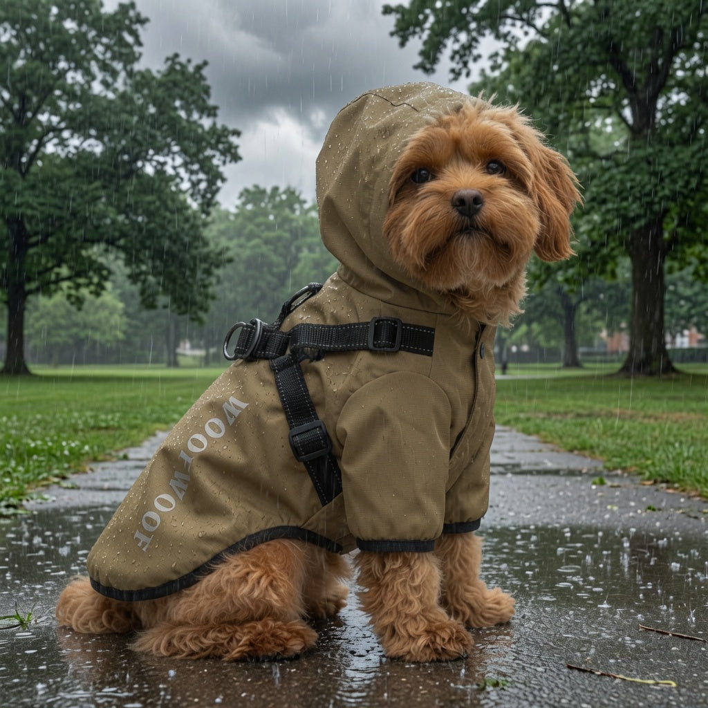 Dog wearing a brown Dog Raincoat with Hood in a park on a rainy day