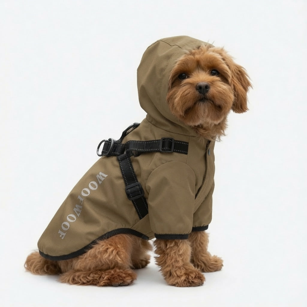 Dog wearing a brown Dog Raincoat with Hood on a white background
