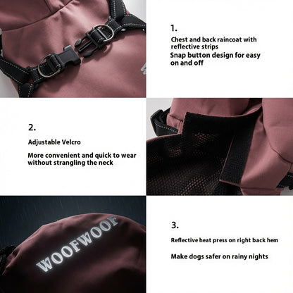 Dog raincoat with reflective strips and adjustable Velcro design.