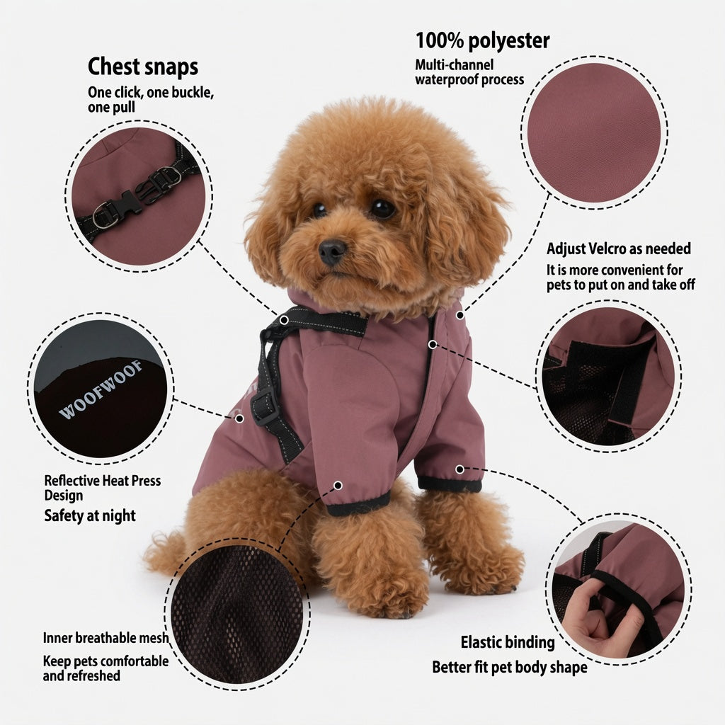 Dog wearing a Dog Raincoat with Hood with features highlighted on a white background
