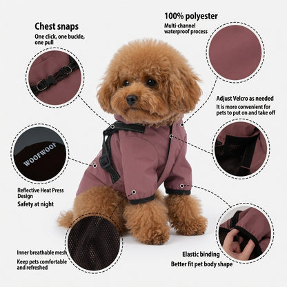 Dog wearing a Dog Raincoat with Hood with features highlighted on a white background
