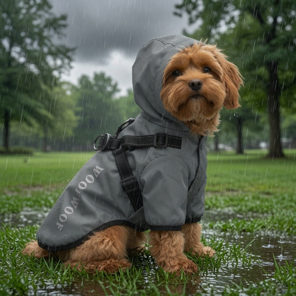 Dog wearing a gray Dog Raincoat with Hood standing in a park during a rainstorm.