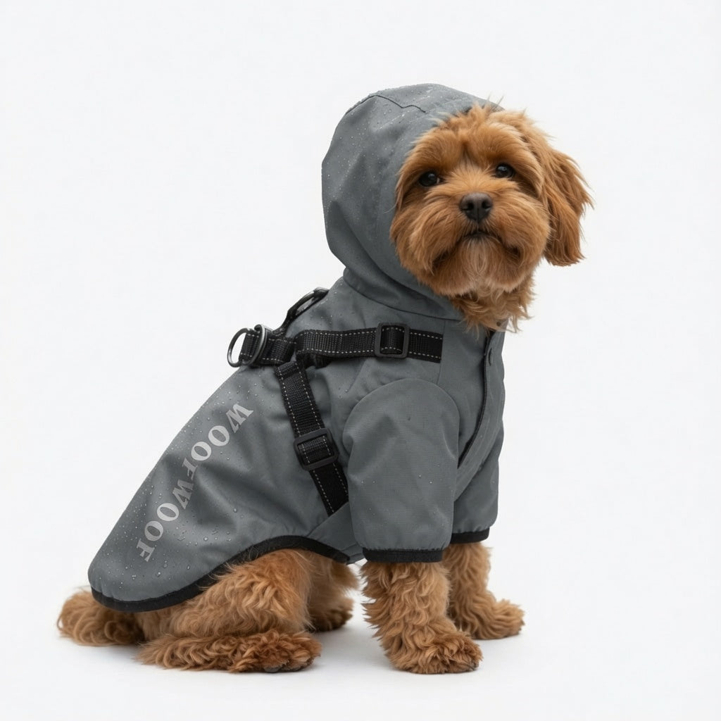 Dog wearing a gray Dog Raincoat with Hood on a white background