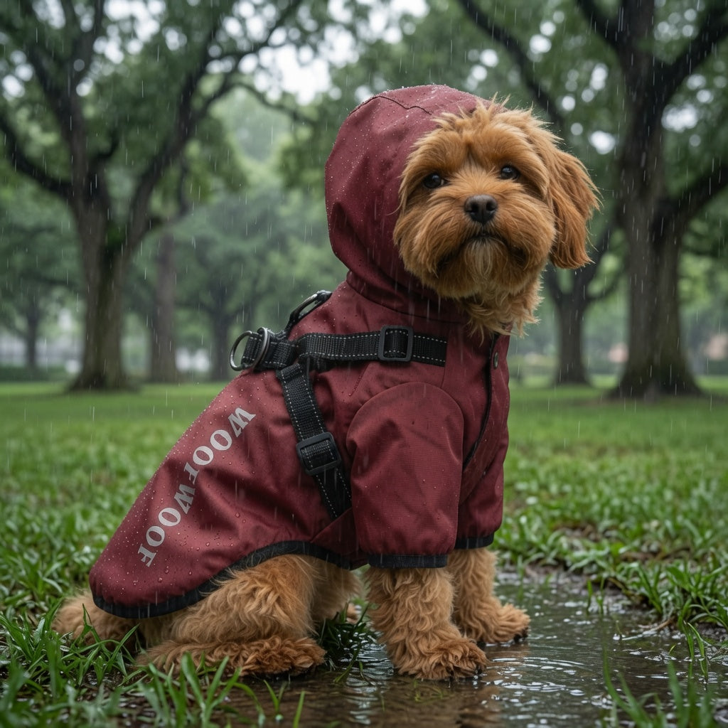 Dog wearing a red raincoat with 'WoolF' branding in a park during rain.