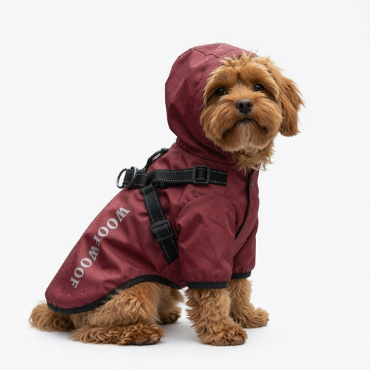 Dog wearing a red Dog Raincoat with Hood on a white background
