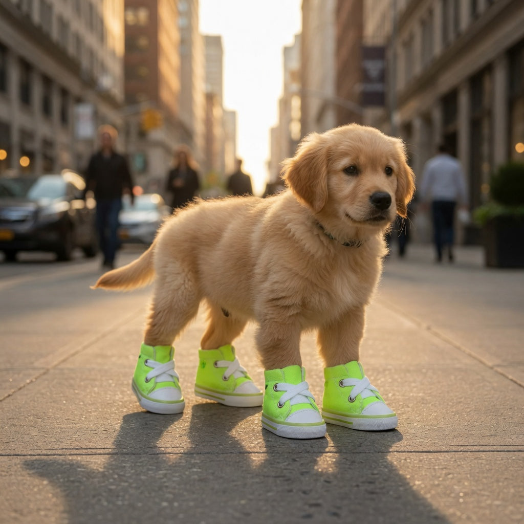Puppy wearing bright green Dog Shoes for Small and Medium Dogs on a city street