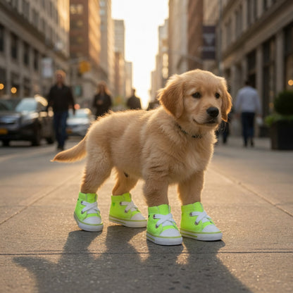 Puppy wearing bright green Dog Shoes for Small and Medium Dogs on a city street