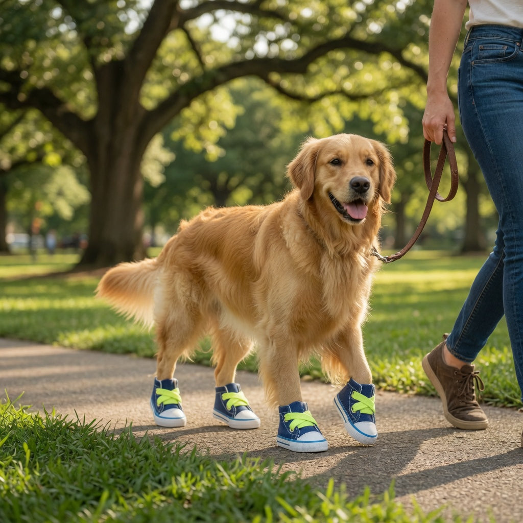 Dog wearing blue Dog Shoes for Small and Medium Dogs with green laces on a leash in a park