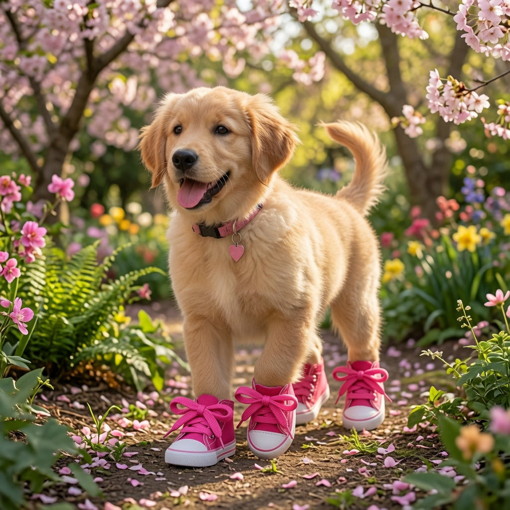 Dog wearing pink Dog Shoes for Small and Medium Dogs in a garden with cherry blossoms