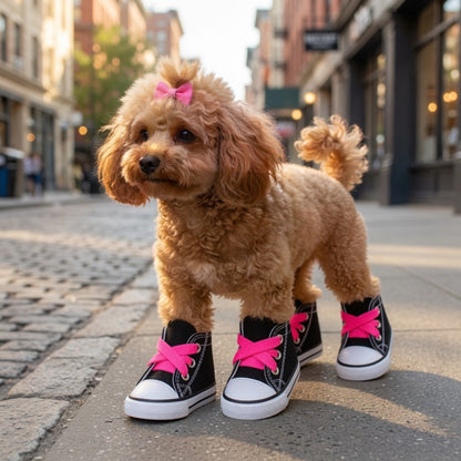 Small dog wearing black Dog Shoes for Small and Medium Dogs with pink bows on a city street.