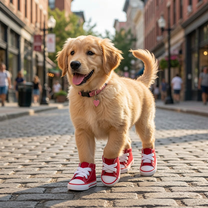 Puppy wearing red Dog Shoes for Small and Medium Dogs on a city street