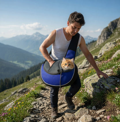 Man hiking with a cat in a Dog Sling Carrier Bag on a mountain trail
