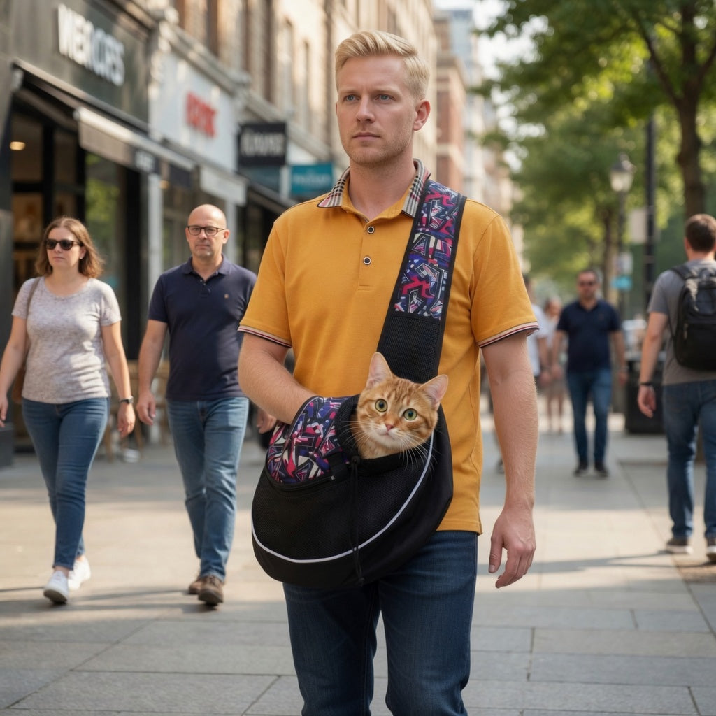 Man walking down a city street with a cat in a Dog Sling Carrier Bag