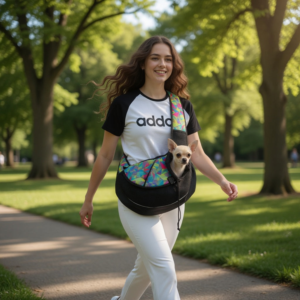 Woman walking a dog in a sling with a colorful Dog Sling Carrier Bag in a park