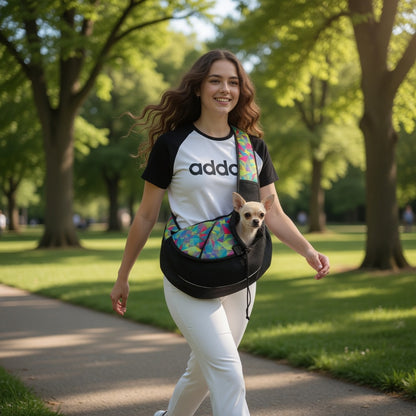 Woman walking a dog in a sling with a colorful Dog Sling Carrier Bag in a park