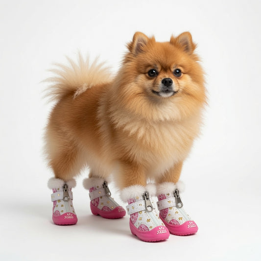 Small dog wearing pink and gray Dog Sneakers on a white background