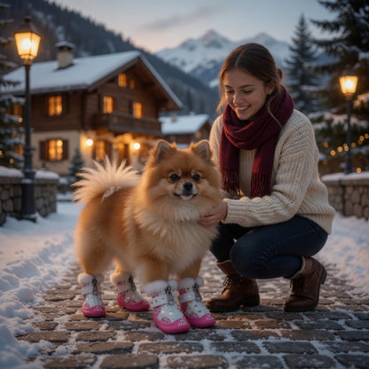 Woman in a snowy village scene with a dog wearing Dog Sneakers