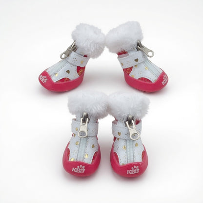 Pair of Dog Sneakers with pink soles and white fur trim on a white background