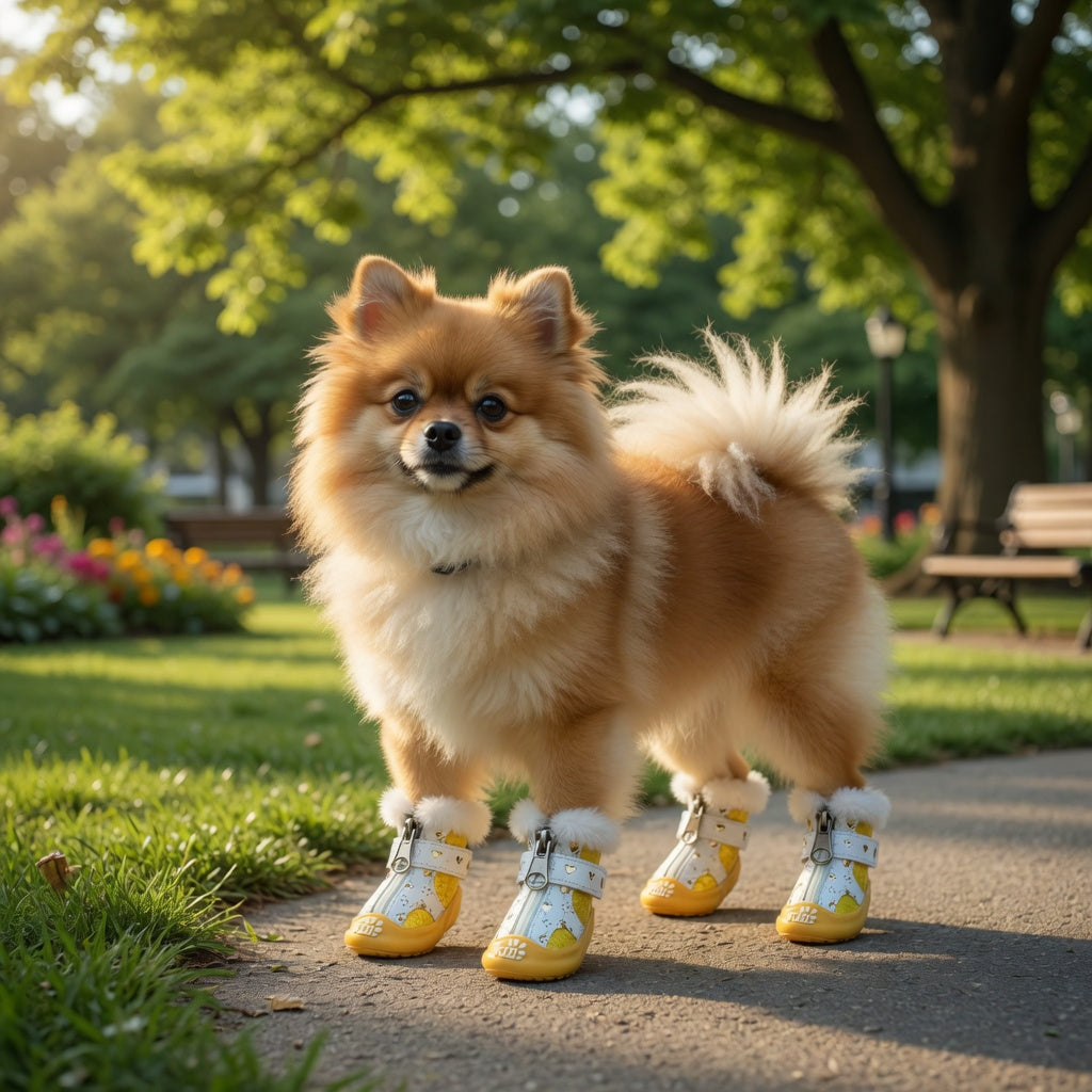 Small dog wearing yellow and white Dog Sneakers in a park setting