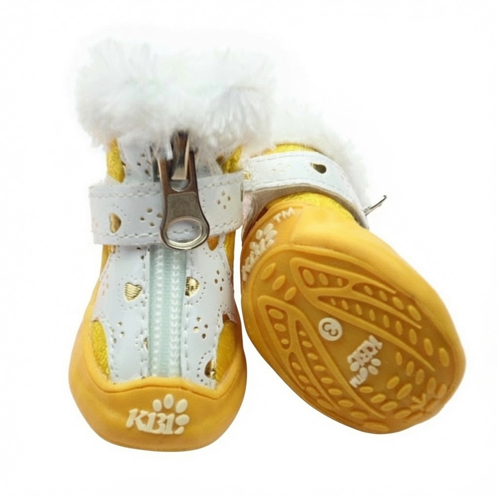 Yellow Dog Sneakers with white fur lining and zippers on a white background