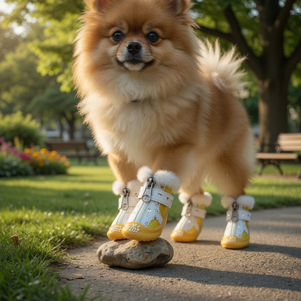 Small dog wearing yellow Dog Sneakers in a park setting
