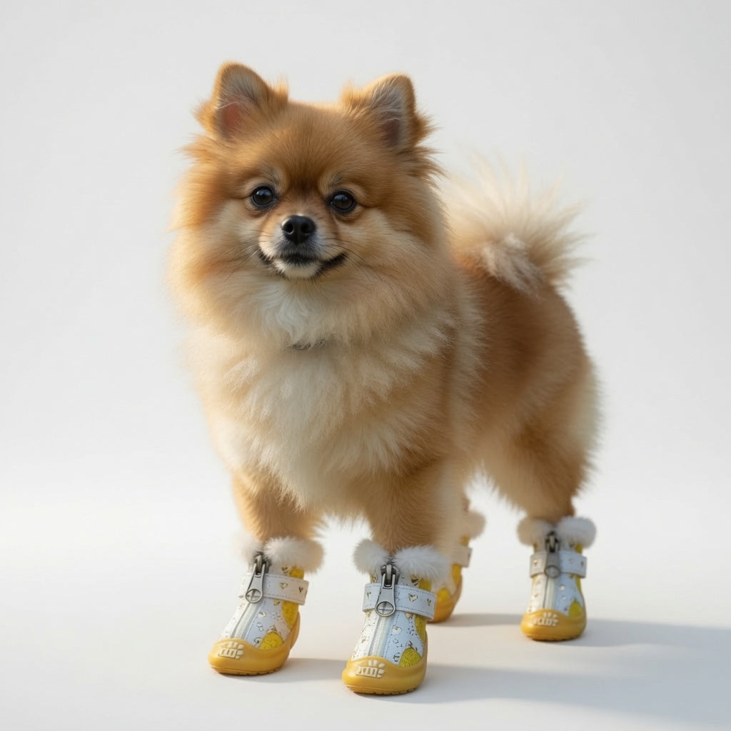Small dog wearing yellow Dog Sneakers with white soles on a light background