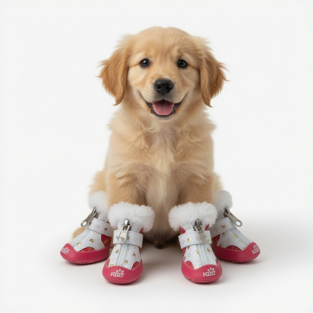 Dog wearing pink and white Dog Sneakers on a white background