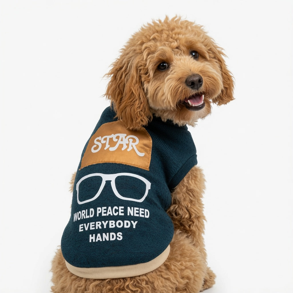 Dog wearing a Dog Sweatshirt with text and a logo on a white background