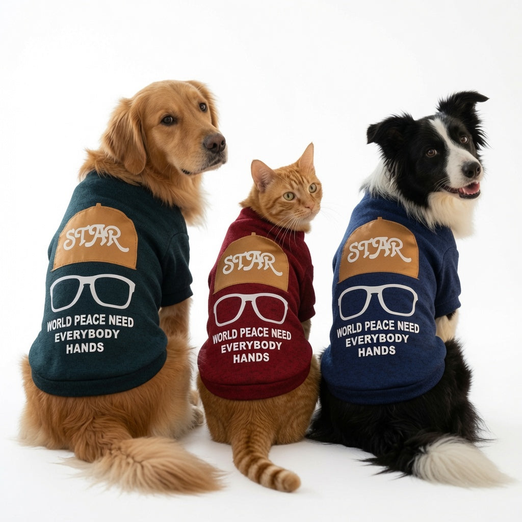 Three dogs and a cat wearing Dog Sweatshirt with a message on a white background