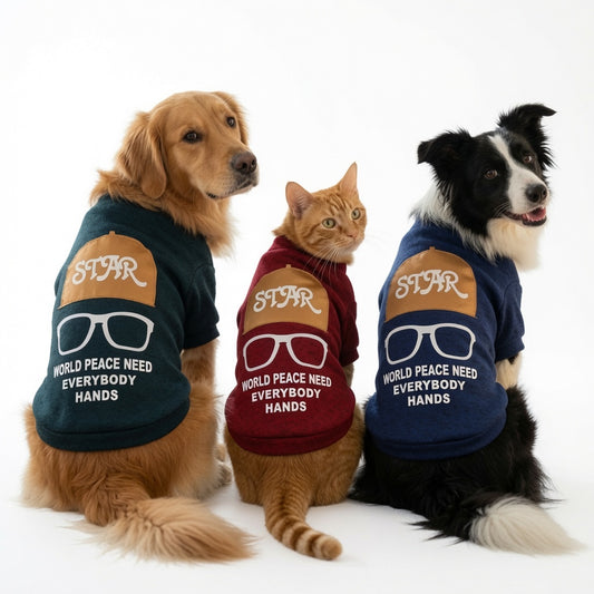Three dogs and a cat wearing Dog Sweatshirt with a message on a white background