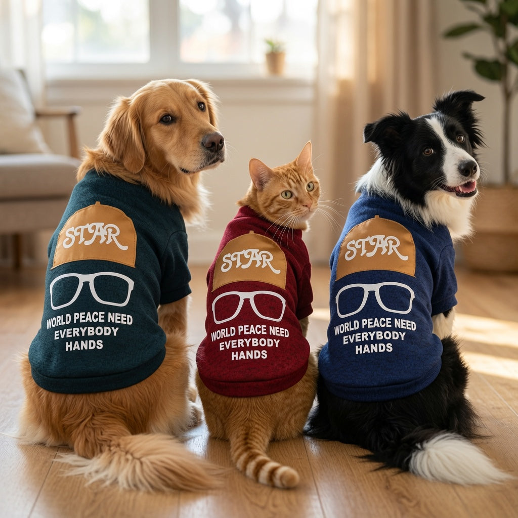 Three dogs and a cat wearing Dog Sweatshirt with a message indoors.