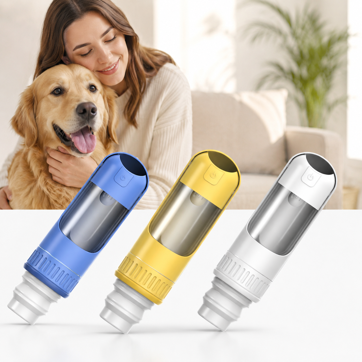 Three pet water bottles in blue, yellow, and white with a woman and dog in the background.