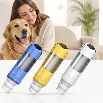 Three pet water bottles in blue, yellow, and white with a woman and dog in the background.