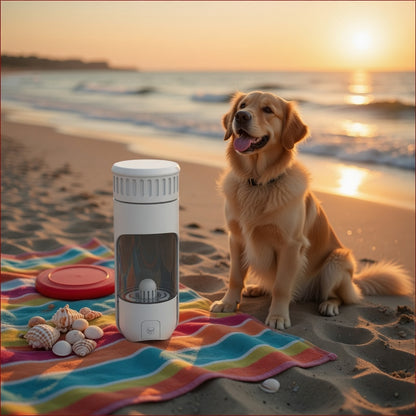 Dog sitting on a beach with a colorful towel and a white dog travel water bottle.