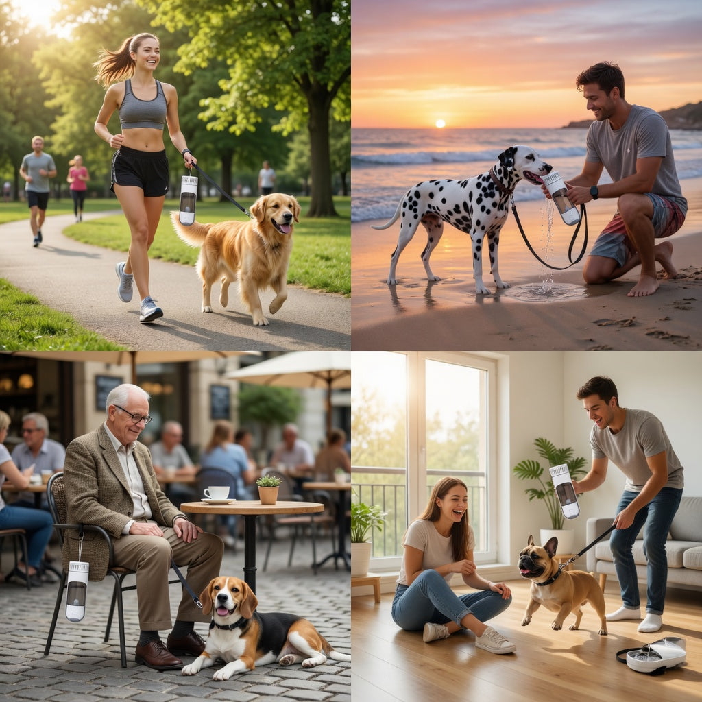 Collage of people with dogs in various settings including a park, beach, and indoors using a dog travel water bottle.