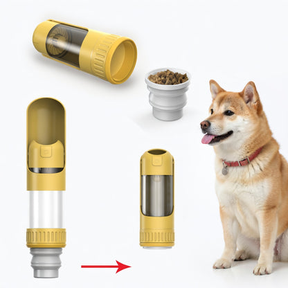 Yellow dog travel water bottle with a dog sitting next to it on a white background