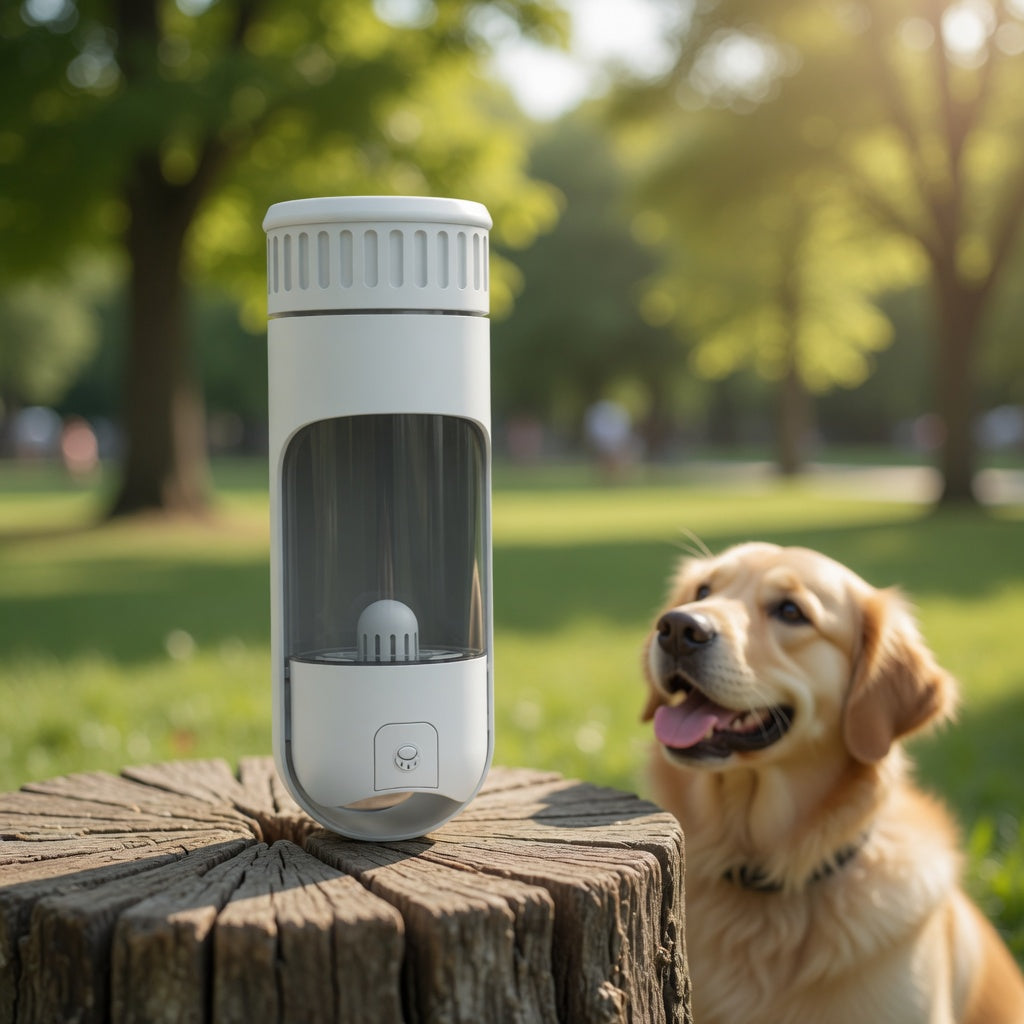 White dog travel water bottle with clear container on a wooden stump in a park with a dog in the background