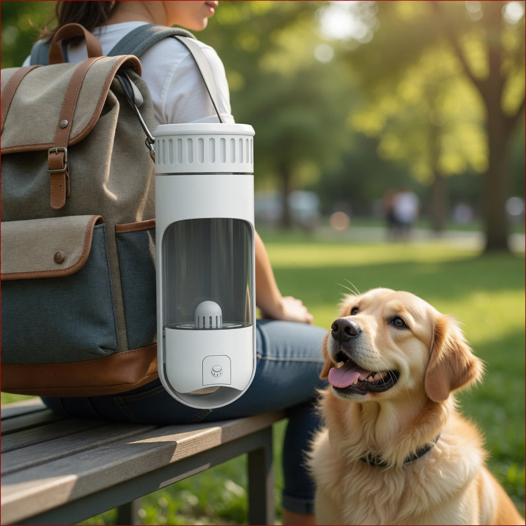 Person with a backpack and a dog travel water bottle next to a dog in a park