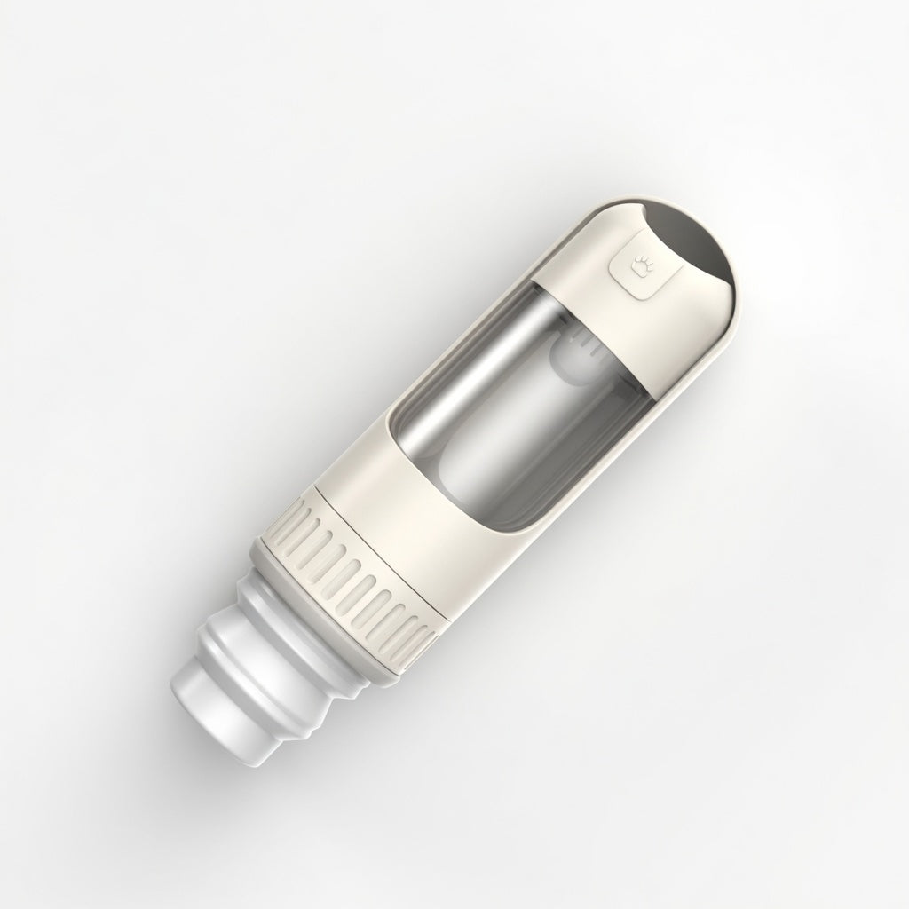 White dog travel water bottle on a light gray background