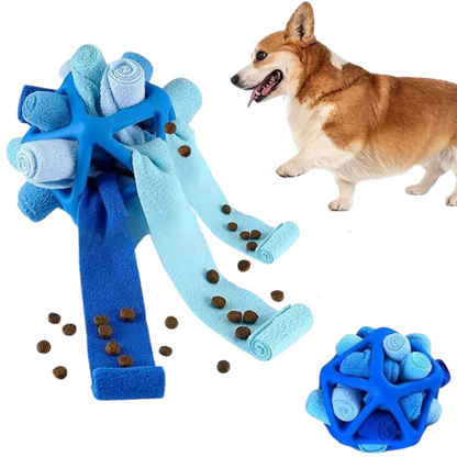 Blue and light blue dog toy with a ball, accompanied by a dog on a white background