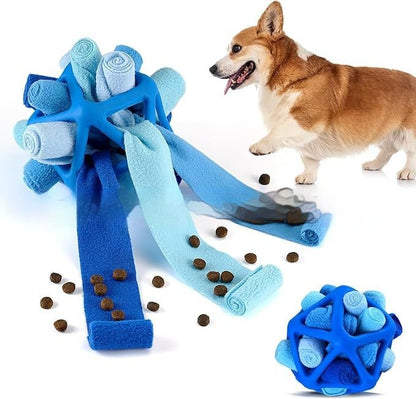 Blue dog toy set with a corgi and scattered treats on a white background
